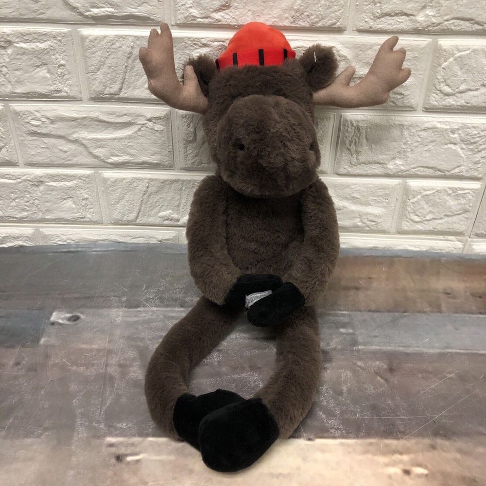 Hanging Moose Plush 18" Brown Stuffed Animal / Red Hat Hook & Loop Paws EUC‎